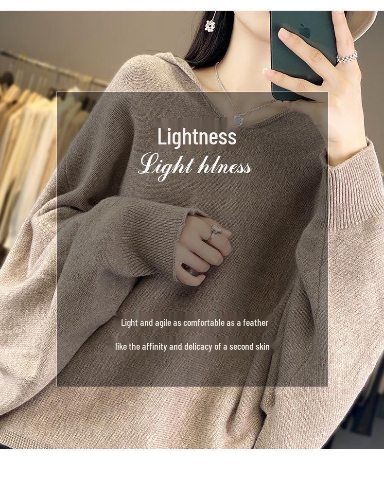 Women's 100% Wool V-Neck Batwing Sleeve Sweater, Versatile Knitted Top for Autumn & Winter