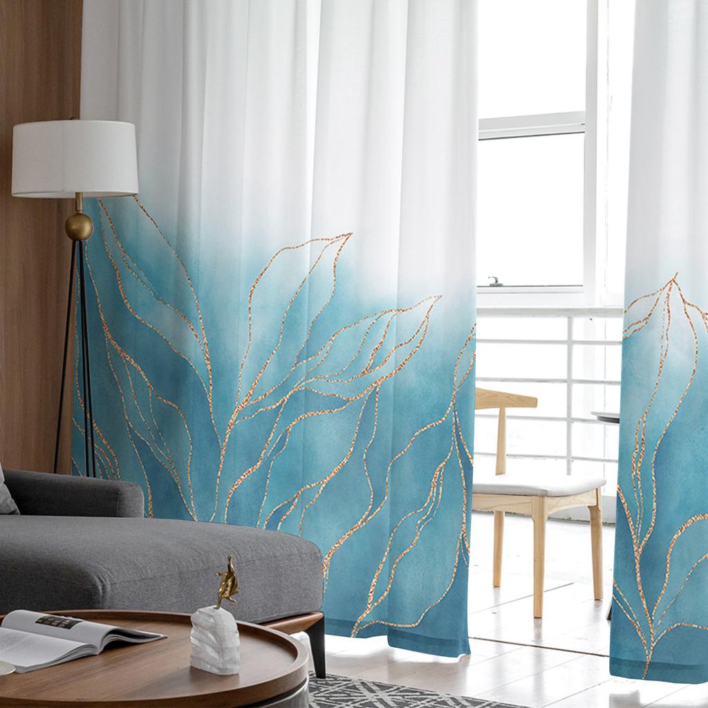 Geometric Abstract Gradient Leaves Teal Voile Sheer Curtains Living Room Window Tulle Curtain Kitchen Bedroom Drapes Home Decor