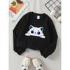 European Sizes Trendy Crewneck Sweatshirt with Black Cat Face, Long-Sleeved Casual Top for Young Girls