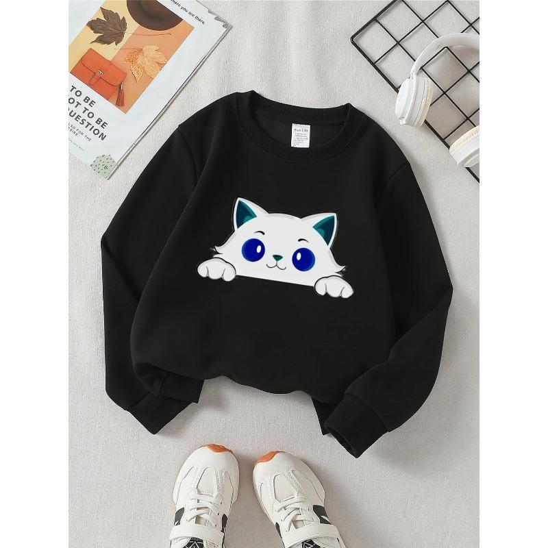 European Sizes Trendy Crewneck Sweatshirt with Black Cat Face, Long-Sleeved Casual Top for Young Girls