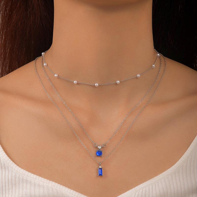 Sweater Chain Creative Retro Imitation Grandmother Blue-green Pearl Chain Multi-layer Necklace Simple Three-layer Collarbone Chain