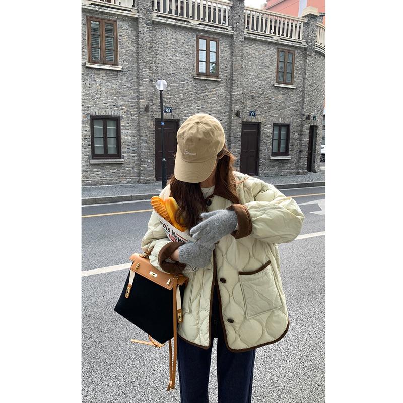 Light Rhombus Imitation Down Cotton-padded Clothes for Women's Winter New Contrasting Color Short Pie Overcome Corduroy Lapel Bread Jacket