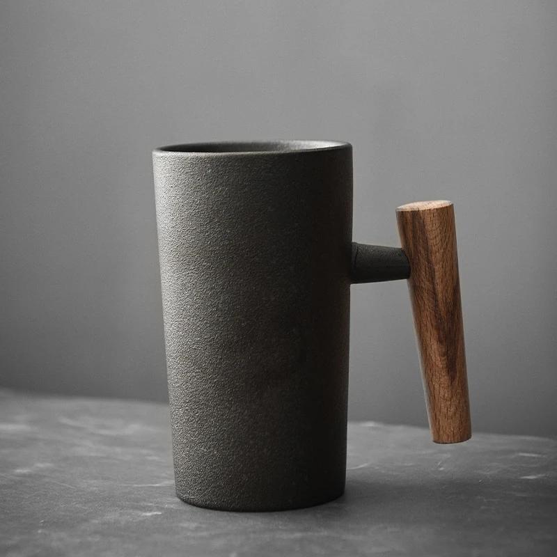 Tazza Personalizzata in Stile Giapponese Cambi di Forno Retro Porcellana Tazze da Caffè Manico in Legno Tazza da Espresso Bicchieri Tazza da Caffè in Ceramica