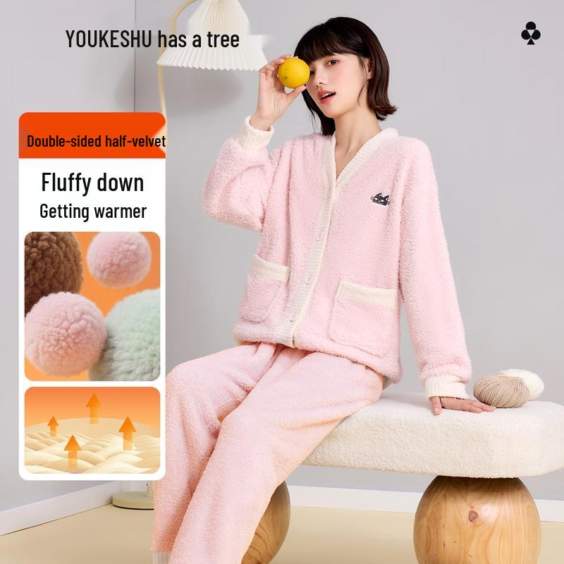 YOUKESHU Women s Warm Double-Sided Velvet Pajama Set M