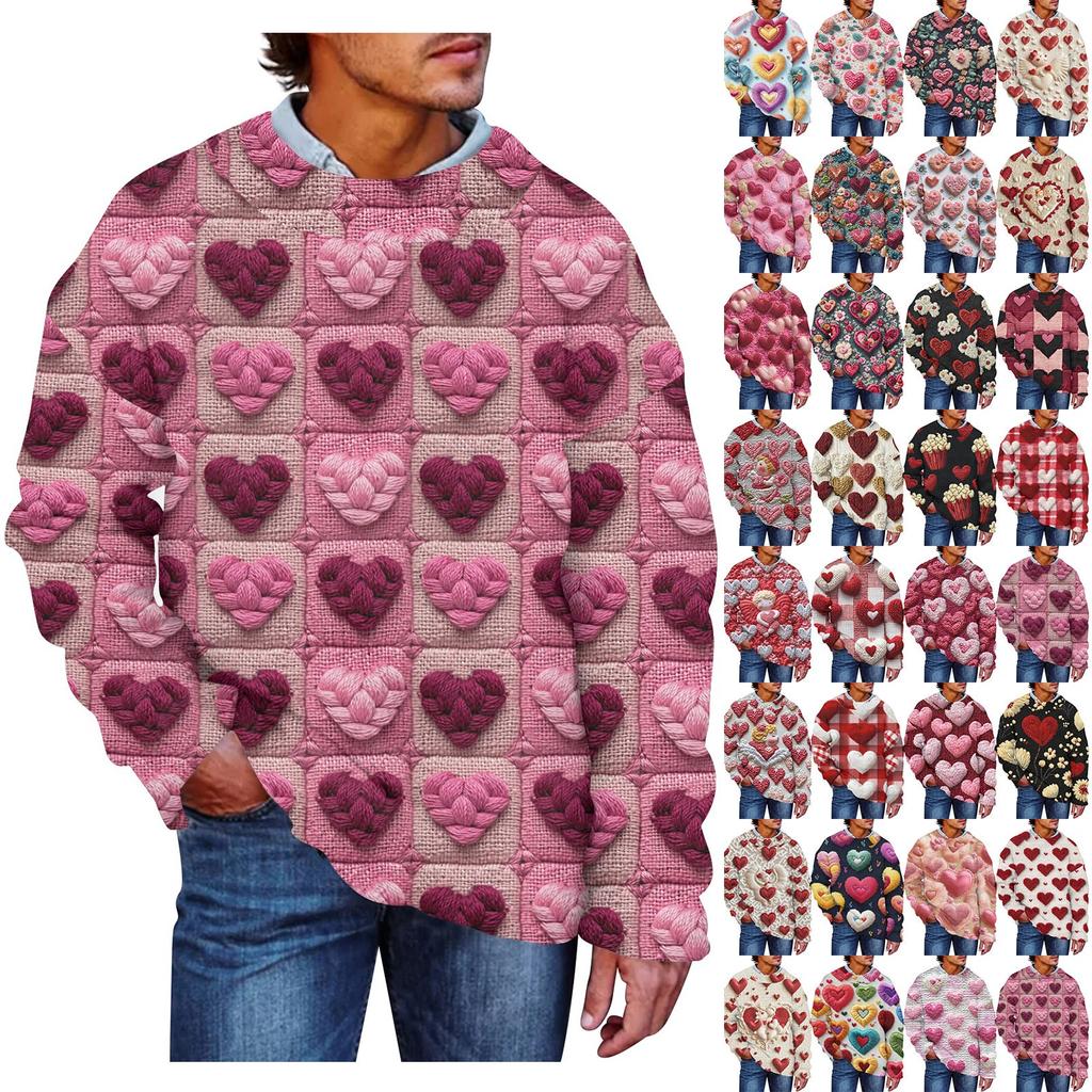 Men's Fashion Casual Long Sleeves Valentine's Day Gentle Printed Crewneck Wool Knitted Flower Imitation Sweater Crewneck Hoodie Loose Long Sleeves