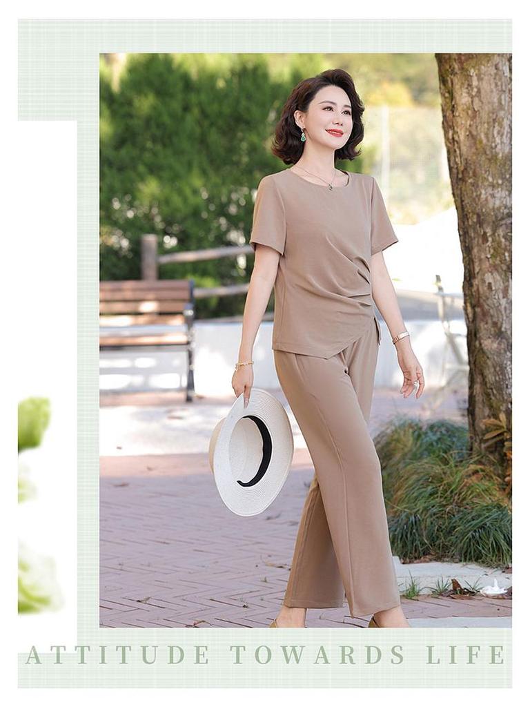 Summer Style Ice Silk Two-Piece Set: Short Sleeve Top and Casual Pants for Moms