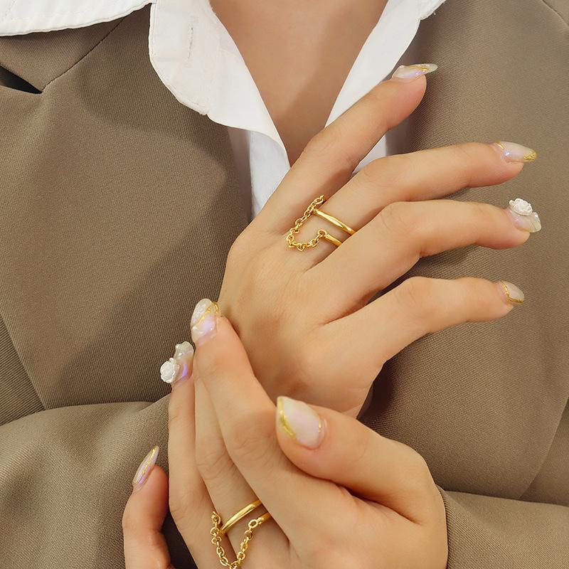 18K Gold Plated Titanium Steel Double Layer Index Finger Chain Ring for Women - European & American Style