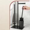Floor-standing Bathroom Shelf with Tissue Roll Holder, Toilet Brush, and Storage for Perfume and Shower Gel.