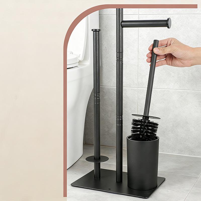 Floor-standing Bathroom Shelf with Tissue Roll Holder, Toilet Brush, and Storage for Perfume and Shower Gel.