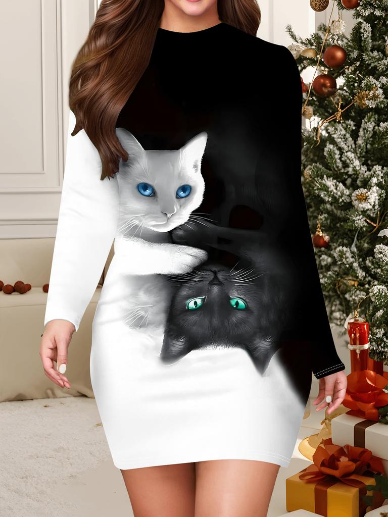 2025 Autumn and Winter New Women's Hip-wrapped Dress,3D Cat Printing and Dyeing Women's Fashion Long-sleeved Round Neck Sexy Hip-wrapped Dress