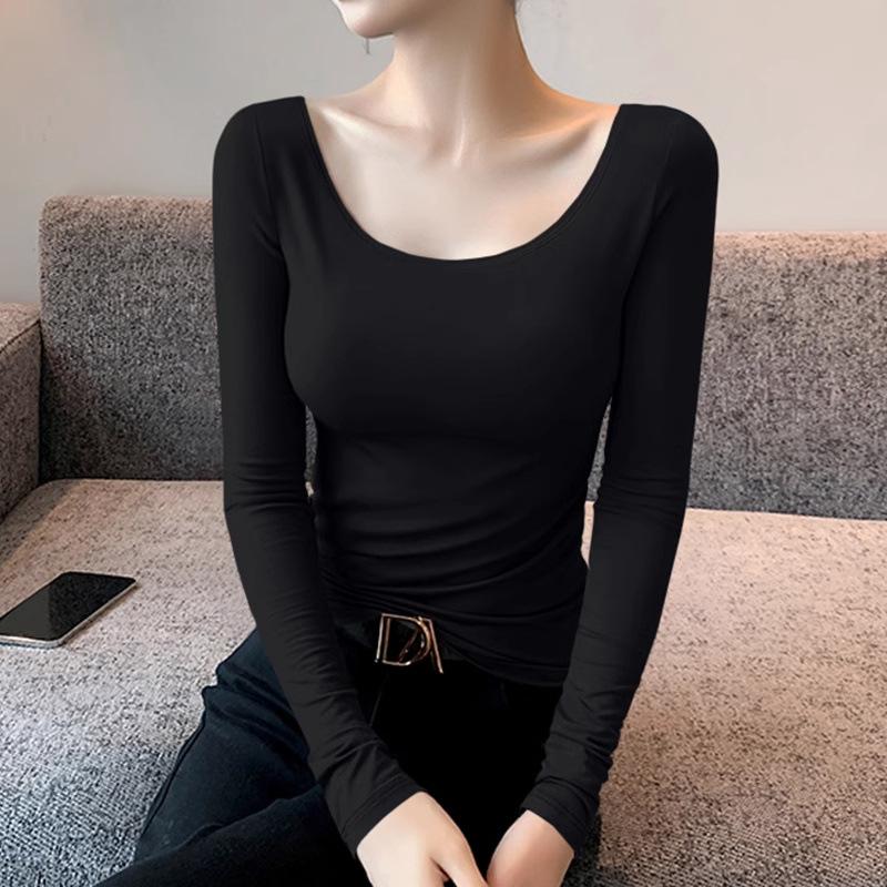 Una nueva camiseta de manga larga con cuello en U para otoño e invierno de mujer, con textura y corte entallado