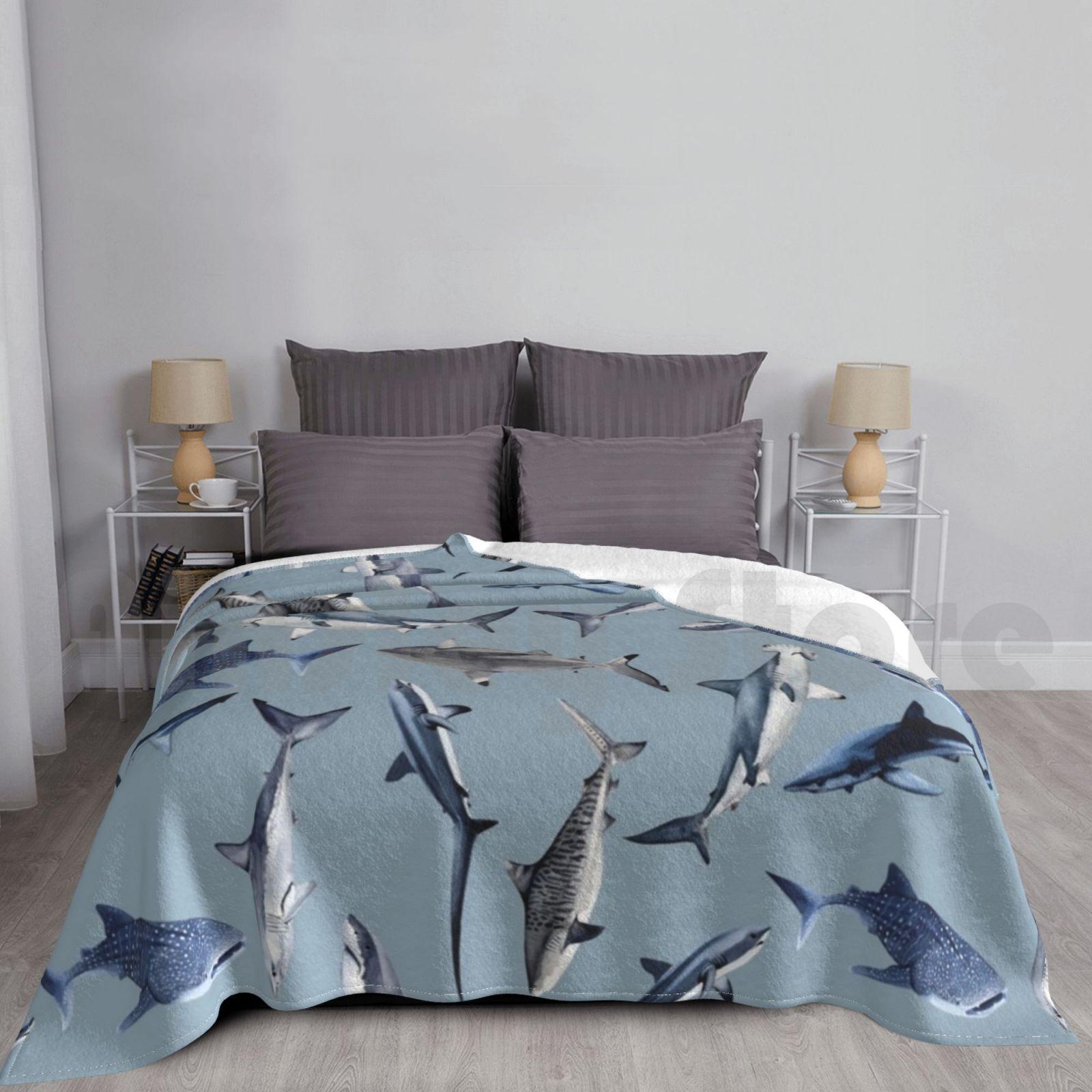 Sharks Pattern ( Blue ) Blanket Fashion Custom Sharks White Whiteshark Tiger Tigershark Blue Ocean Be Size: 75*100cm, Weight: 230 GSM