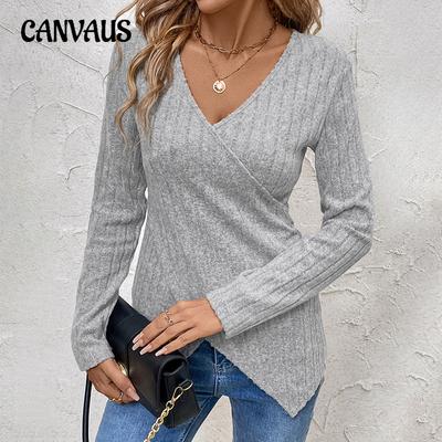 Herbst V-Ausschnitt Einfarbig Langärmlig Rippstrick Gebürstet V-Ausschnitt Damen Bluse Tops
