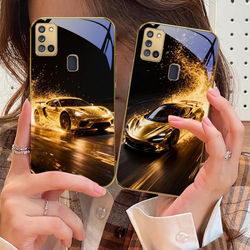 Flying golden supercar For Samsung A 31 32 A33 A34 35 14 A15 13 16 25 26 50 52 53 54 55 56 70 71 72 73 Golden glass phone case