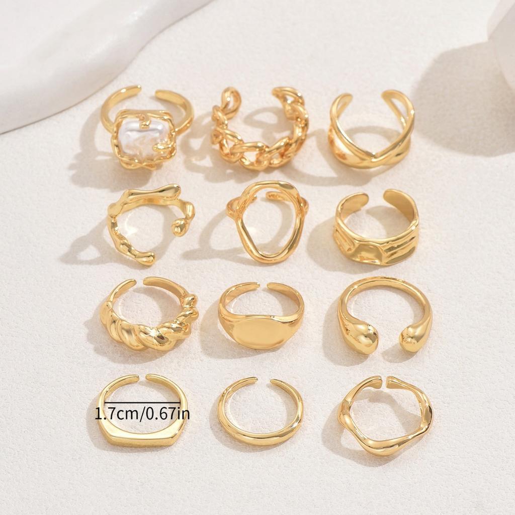 12Pcs/Set Irregular Smooth Rings Set for Women Geometric Exaggerated Imitate Pearl Finger Rings Vintage Fashion Party Jewelry