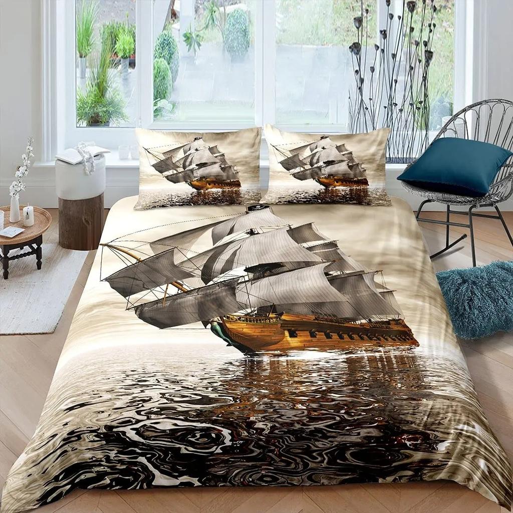 Nautical Sailboat King Queen Duvet Cover Coastal Sailing Boat Bedding Set Sea Adventure Comforter Cover Polyester Quilt Cover