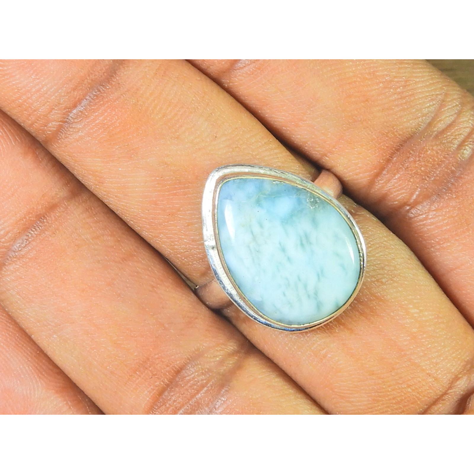 

Natural Blue Larimar Solid 925 Sterling Silver Handmade Pear Ring Size US8.5 MK-05