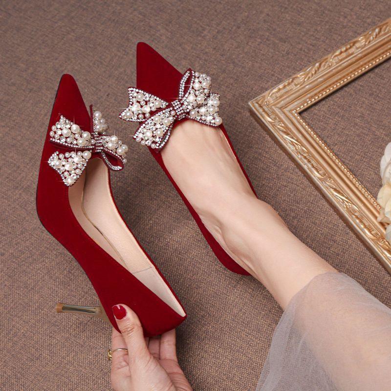 Wedding Shoes Women's Bow High Heel Bride Shoes Red Show Clothes Wedding Dress Dual-purpose Wedding Shoes Toasting Not Tired Feet Single Shoes
