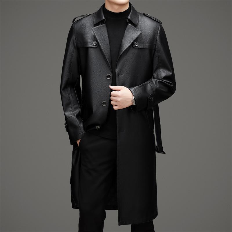 Trench-coat double boutonnage en cuir de mouton pour homme, Mi-mollet, Doublé velours