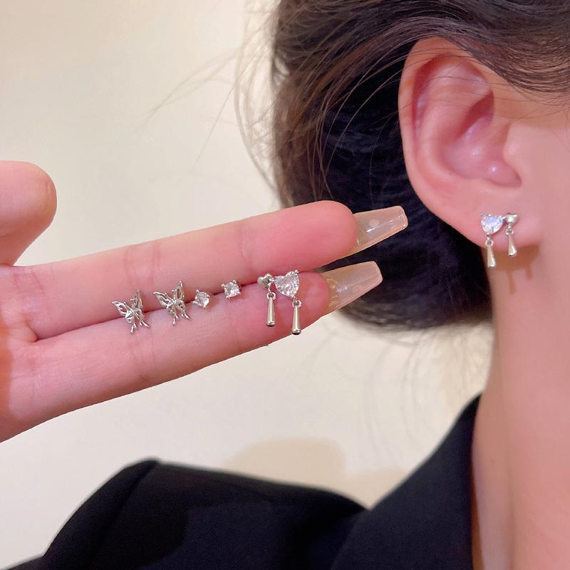 Girly Butterfly & Diamond Love Earrings Set - 6 Piece Collection