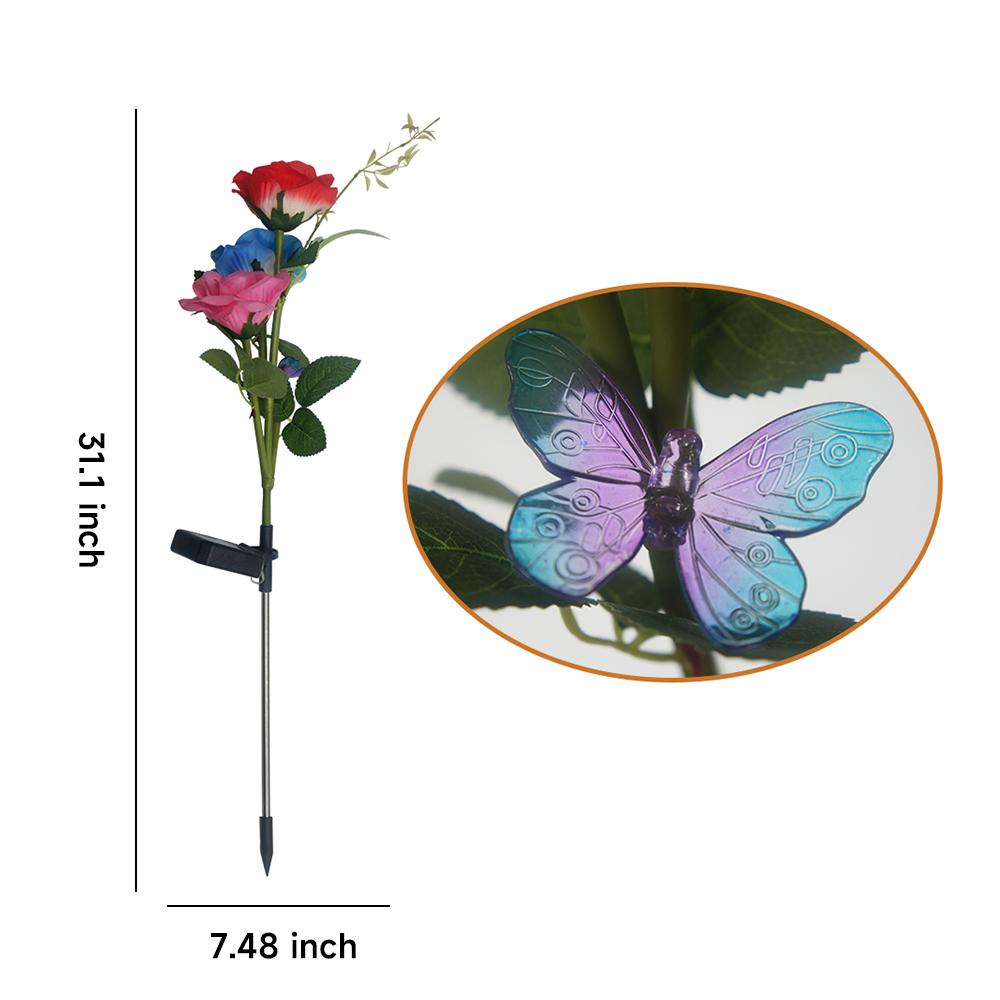 

Outdoor Waterproof Solar Rose Lights with 3 Realistic Lighted Flower Heads and Butterfly Garden Decorative Lamp for Patio Decor