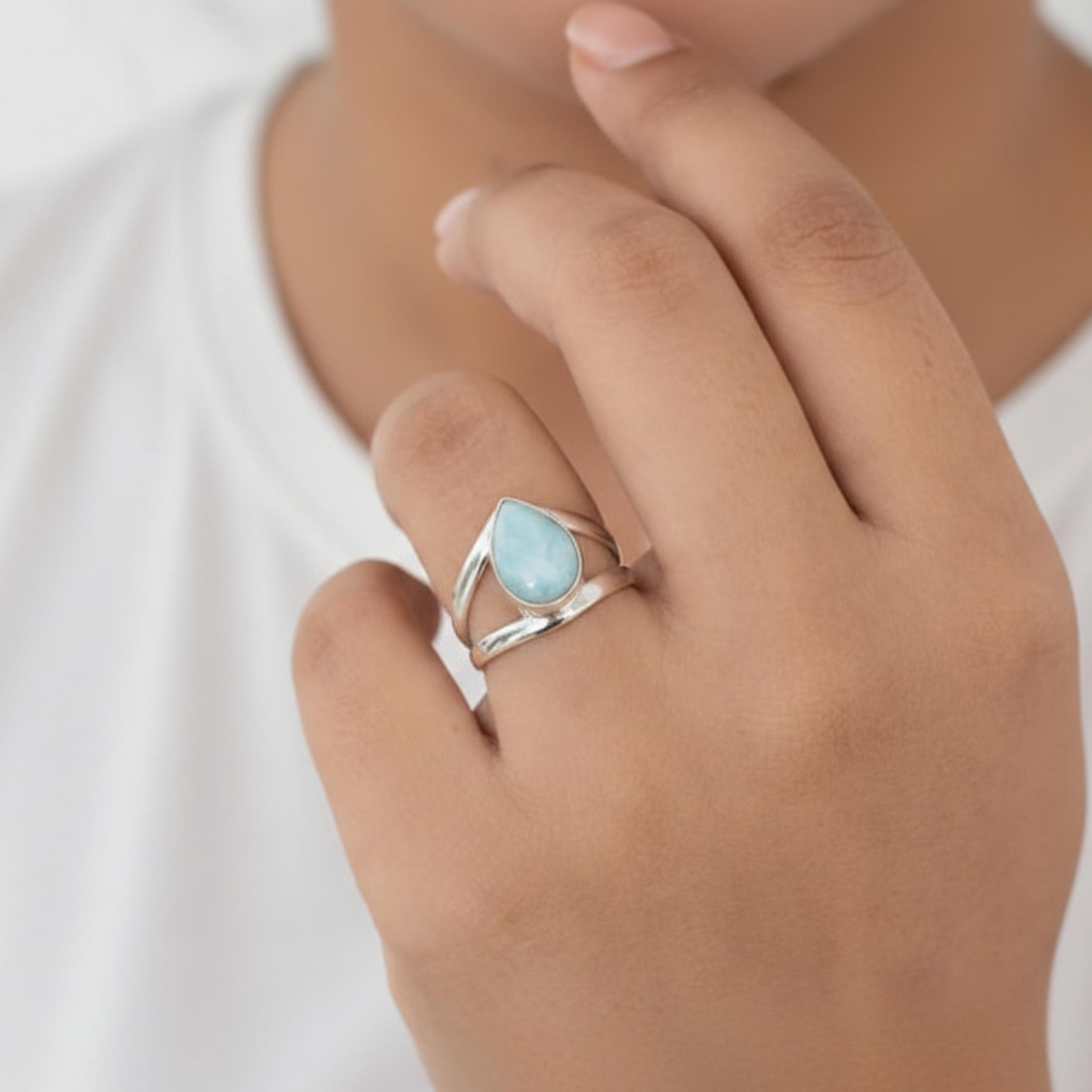 

Larimar Teardrop Statement Ring, 925 Sterling Silver, Handmade Blue Larimar Ring, Minimalist Jewelry 12 срібний