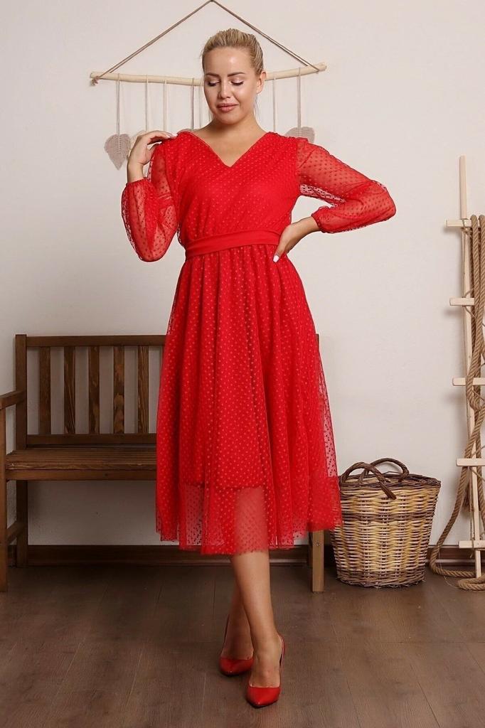Women's Big Size Dress Green Lined Polka Dot Tulle Plus Size Belted Dress