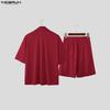 INCERUN Summer Two Pieces  Men V Neck Texture Short Sleeve Tops and Shorts Clothing Sets
