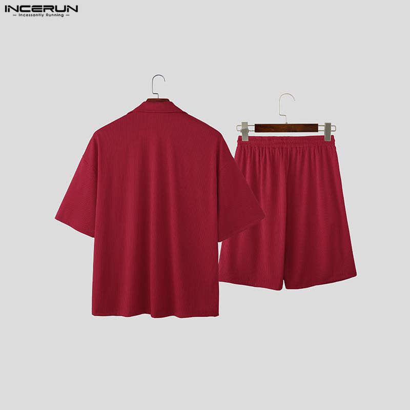 INCERUN Summer Two Pieces Men V Neck Texture Short Sleeve Tops and Shorts Clothing Sets