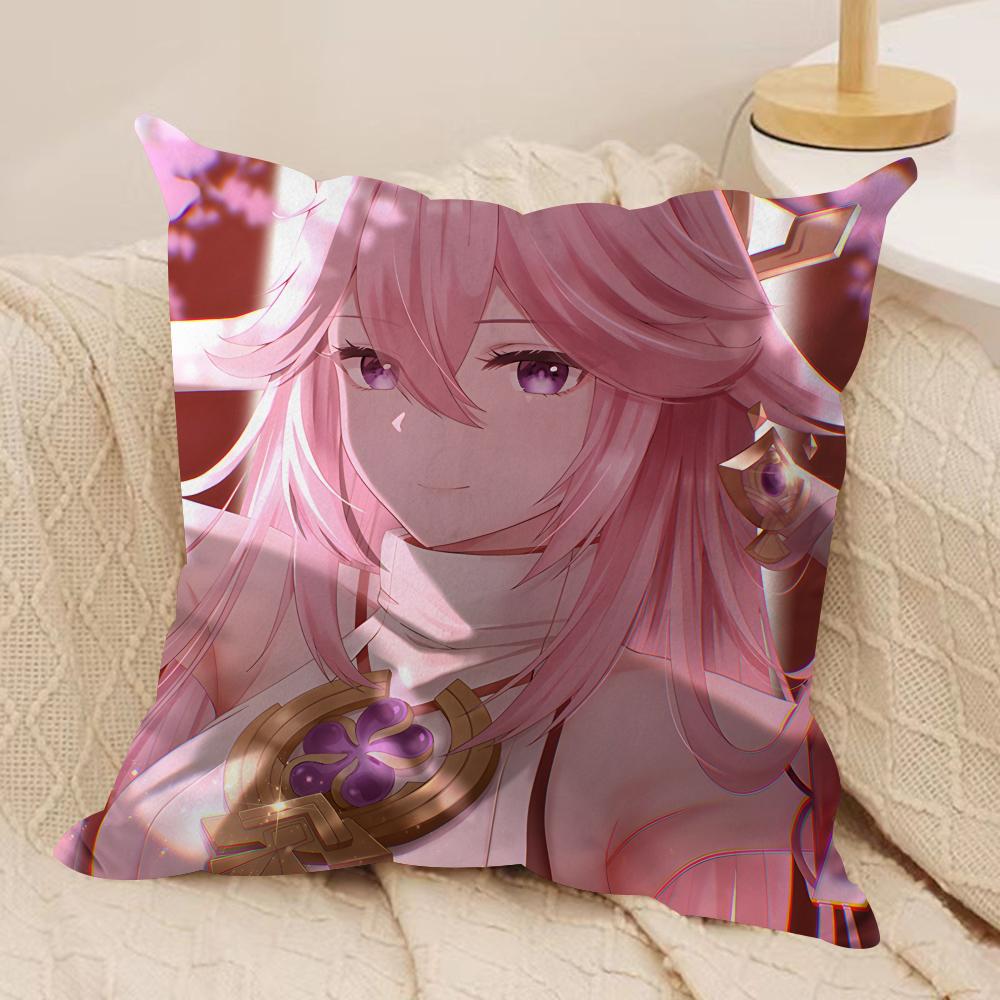 Yae Miko Genshin Impact Cushion Cover Silky Short Plush Invisible Zipper Dustproof Sofa Pillow Case For Home Decor