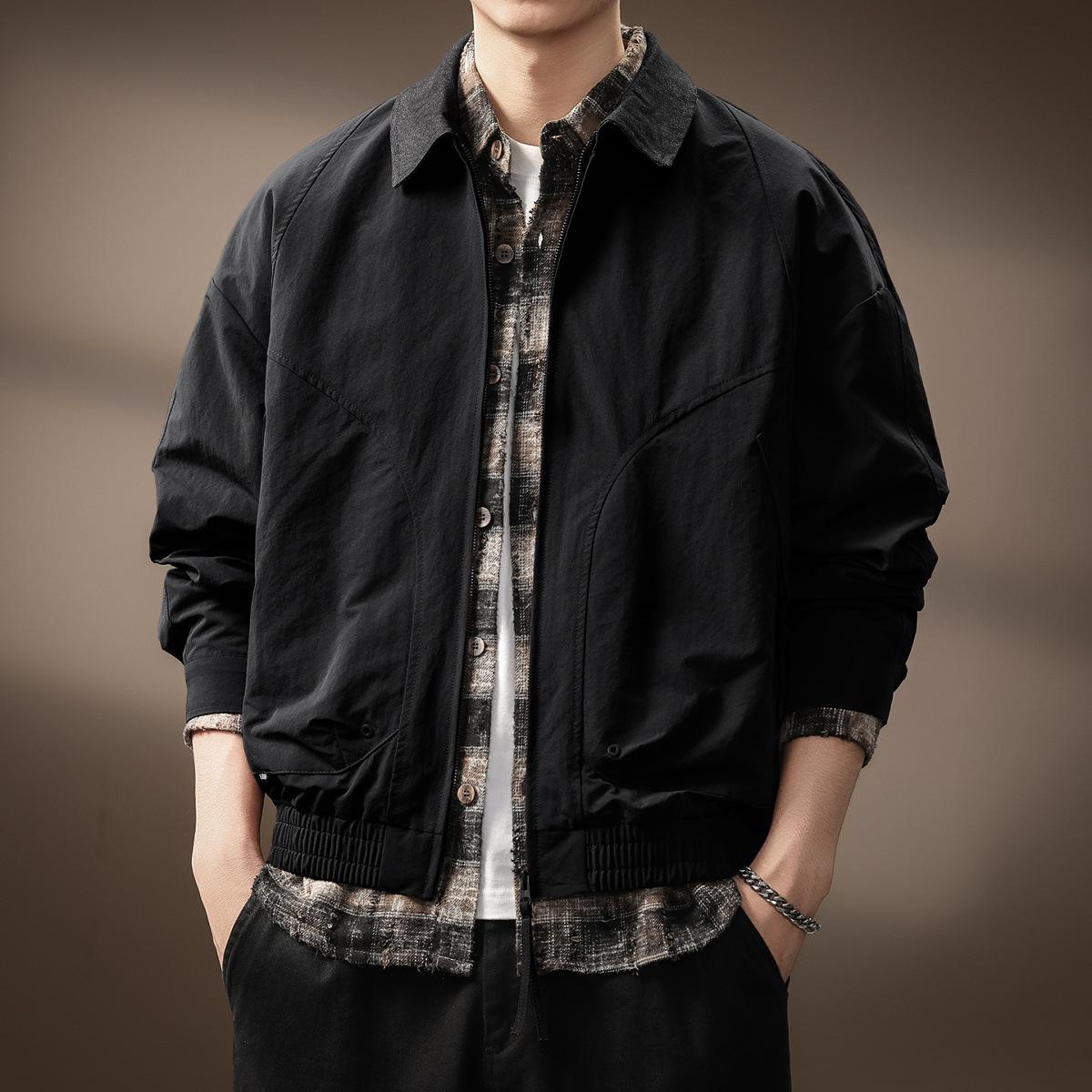 Men s Trendy American Barn Style Patchwork Lapel Jacket - Autumn Loose Casual Outerwear XL (70-80kg)