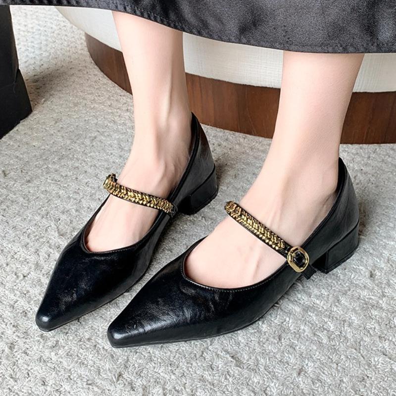 Fashion 2025 New Retro Pointed Toe Mary Jane Oes Women's Low Heel Bule Strap Slip-On Faionable Korean  Flat  Rubber Sole