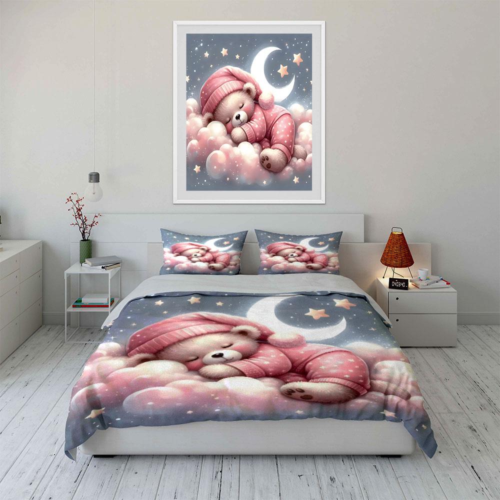 Cute Teddy bear sleeping on clouds Print Bedding Set 1 Duvet Cover 2 Pillowcases for Adult and Children Luxury Gift Full Size