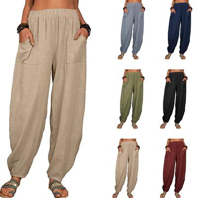 Damen-Baumwollhose mit elastischem Bund, lässige Baggy-Haremshose mit weitem Bein
