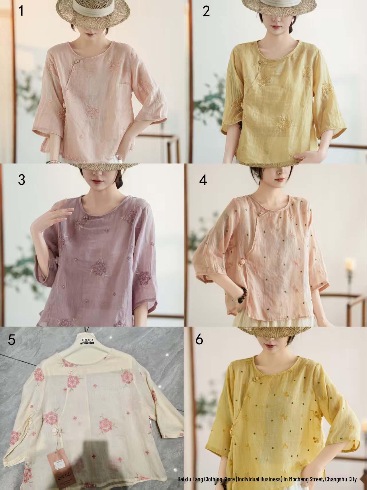 Embroidered Ramie Shirt - Chinese Style Round Neck with Diagonal Placket, Loose-Fit, Seven-Sleeve, Women s Summer 2026 Collection. Color 2