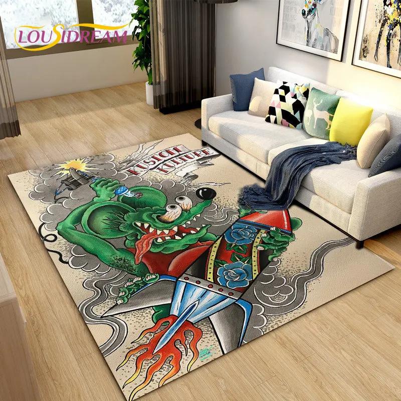 Tappeto Area Cartone Animato Divertente Rat Fink, Tappeto per Soggiorno Camera da Letto Garage Divano Decorazione Zerbino, Tappetino Antiscivolo da Gioco per Bambini