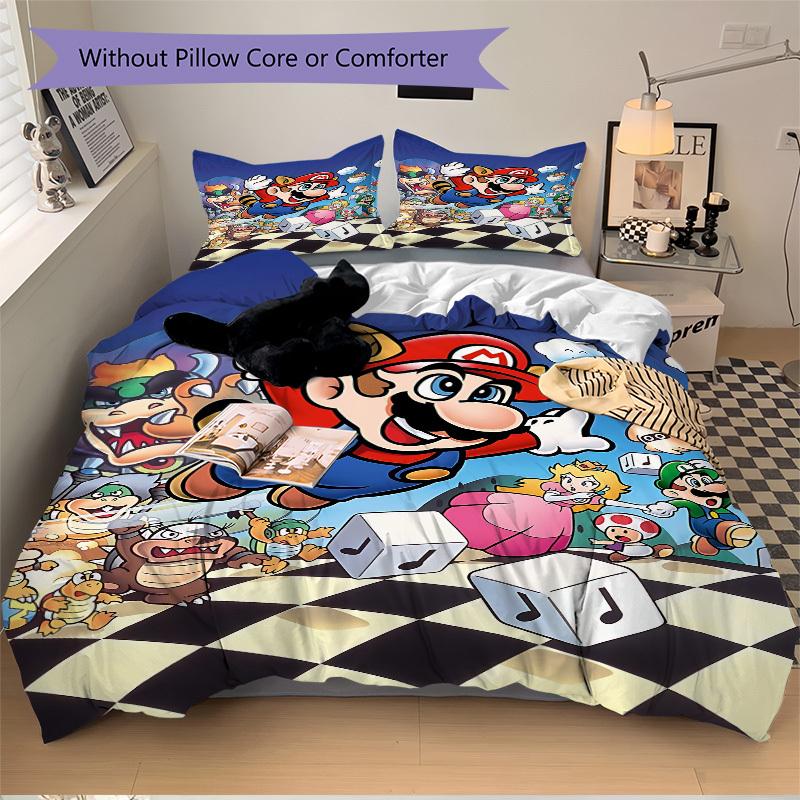 3pc Mario Party Bedding Set Guest Room Bedroom Decor Christmas Halloween Decor Gifts- All Seasons (No Insert)a1013089
