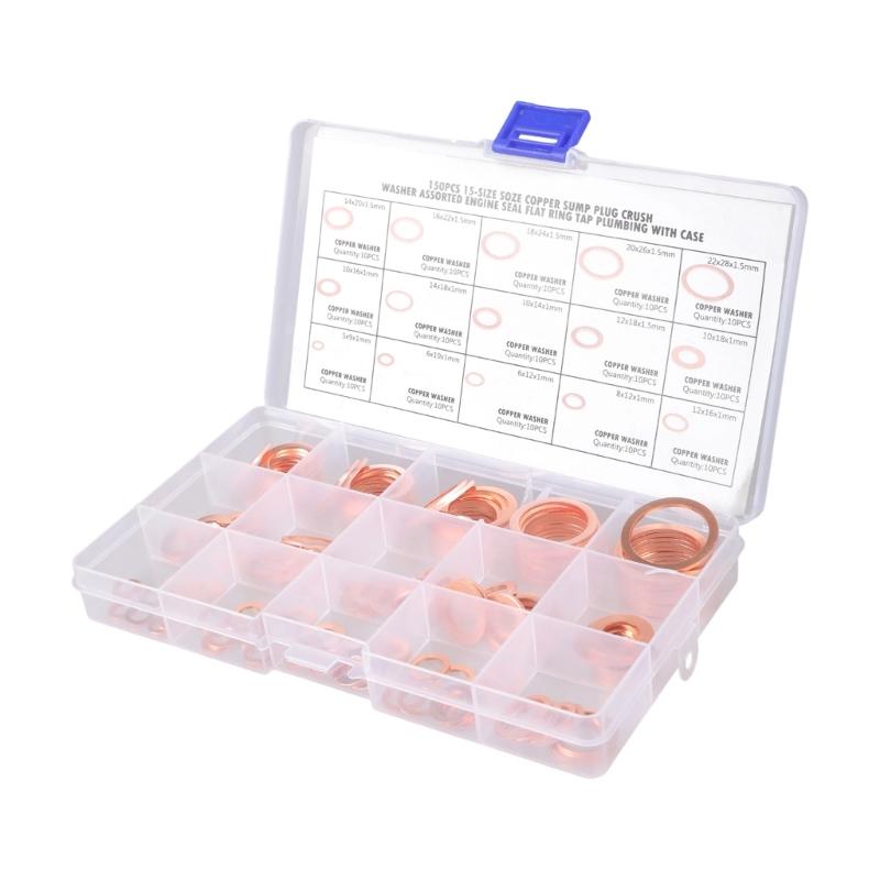 150Pcs Copper Washer Sealing Assortment Set Flat Adapter Sump Plug Crush Washer Oil Drain Plug Gasket Seal Assortment 1