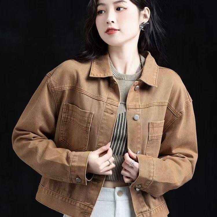 Spring 2025 Retro Hong Kong Style Women s Washed Vintage Denim Jacket 2XL