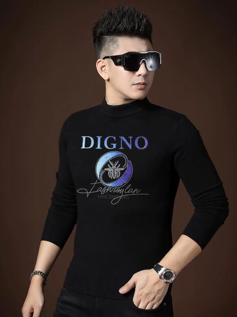 European-Style Half-Turtleneck Sweater for Men, Autumn and Winter Warm Base Layer, 2025 New Trendy Brand Letter Rhinestone Knitwear
