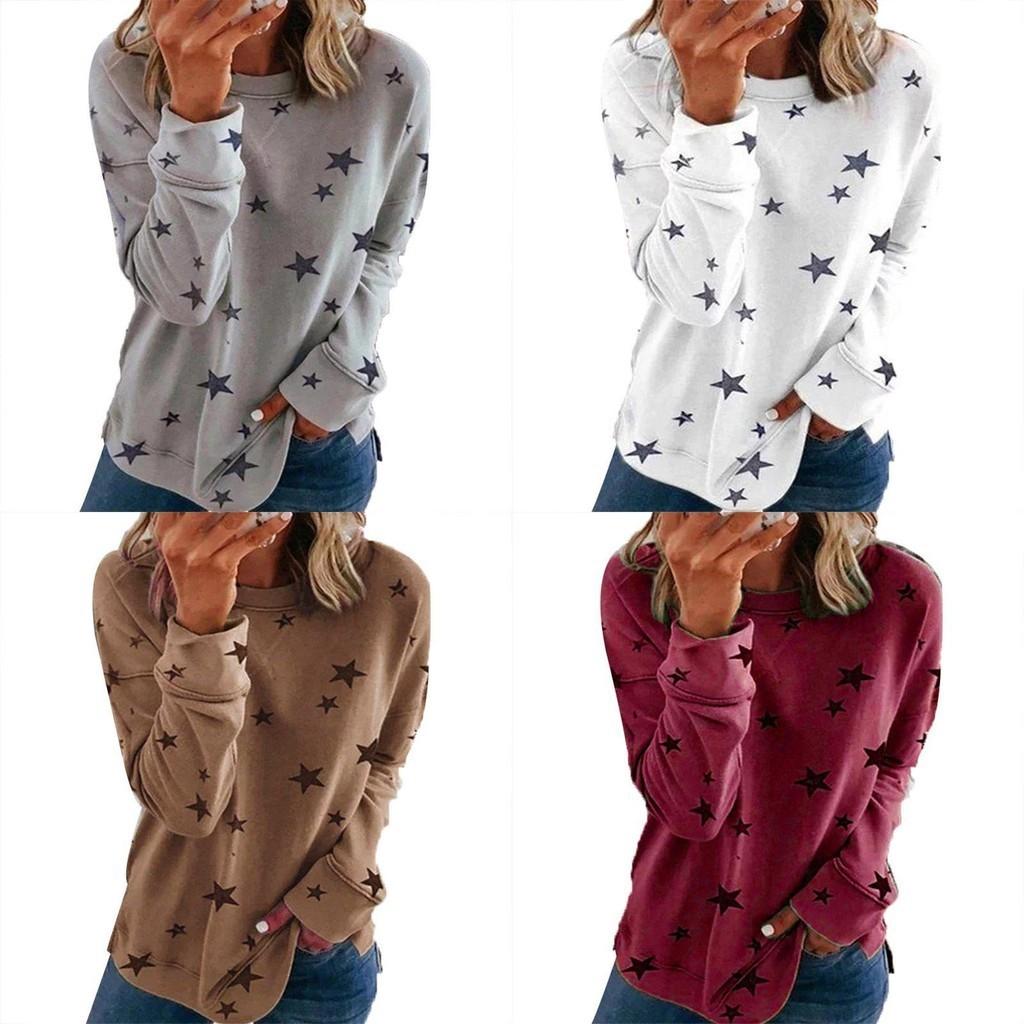 Women Casual Tunic Crew Neck Long Sleeve Star Print Tee Top Blouse For Daily Comfort And Style