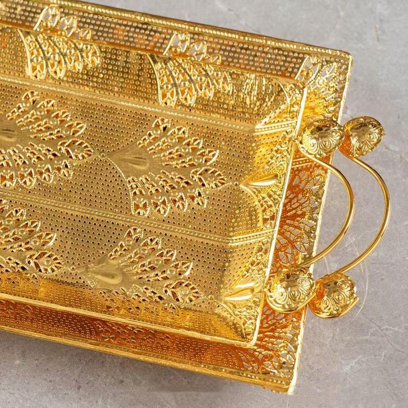 European Cake Tray,Household Metal Rectangle Hollowed-Out Shape Golden Handle Fruit Plate,Snack Plate Party Decoration,18 inch