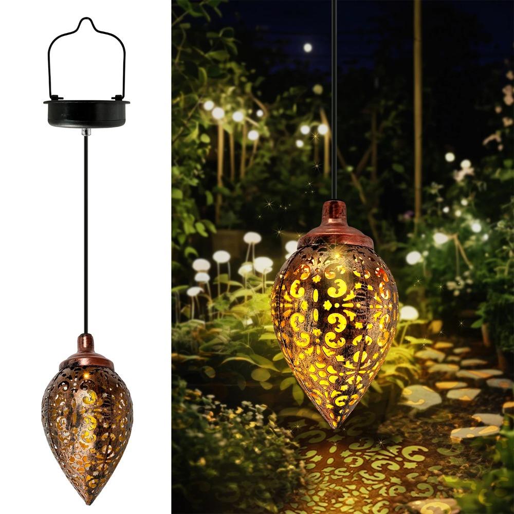 Solar-Powered Metal Olive Ball Water Drop Pendant Light Outdoor Garden Landscape Lamp Festive Decorations