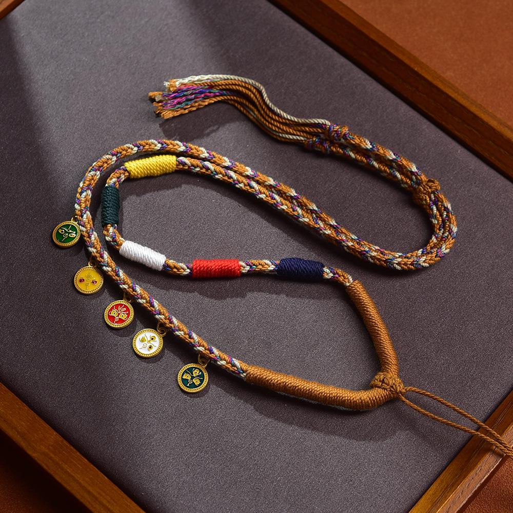 Tibetan Five Wealth Gods Hand-woven Thangka Necklace with Adjustable Multi-color Lanyard