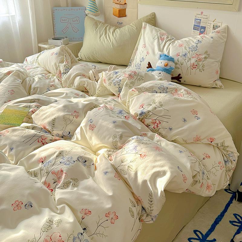 Cream Pure Cotton 4 Piece Bed Sheet Set Washable All Cotton Duvet Cover Pillowcase Class A 3 Piece Set Soft Comfortable Bedding