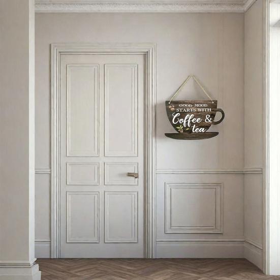 Wooden Coffee Cup Hanging Sign Good Mood Starts with Coffee Tea Door Plaque Kitchen Cafe Coffee Corner Wall Hanging Decoration Ornament