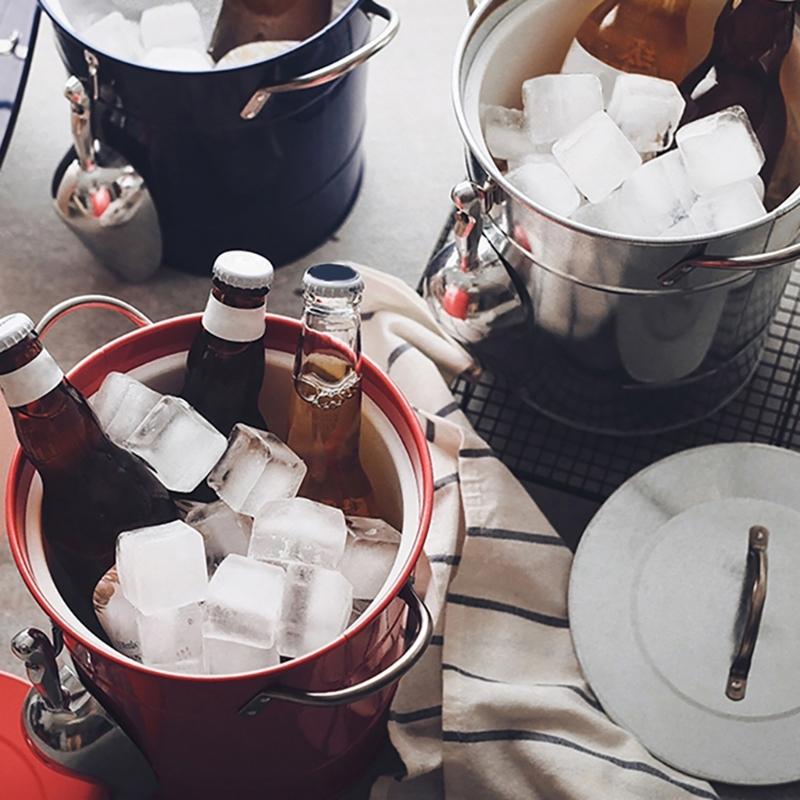 Round Beverage Tub with Shovel and Lid Double Handle Ice Bucket Metal Drink Coolers Champagnes Bucket Easy To Carrys