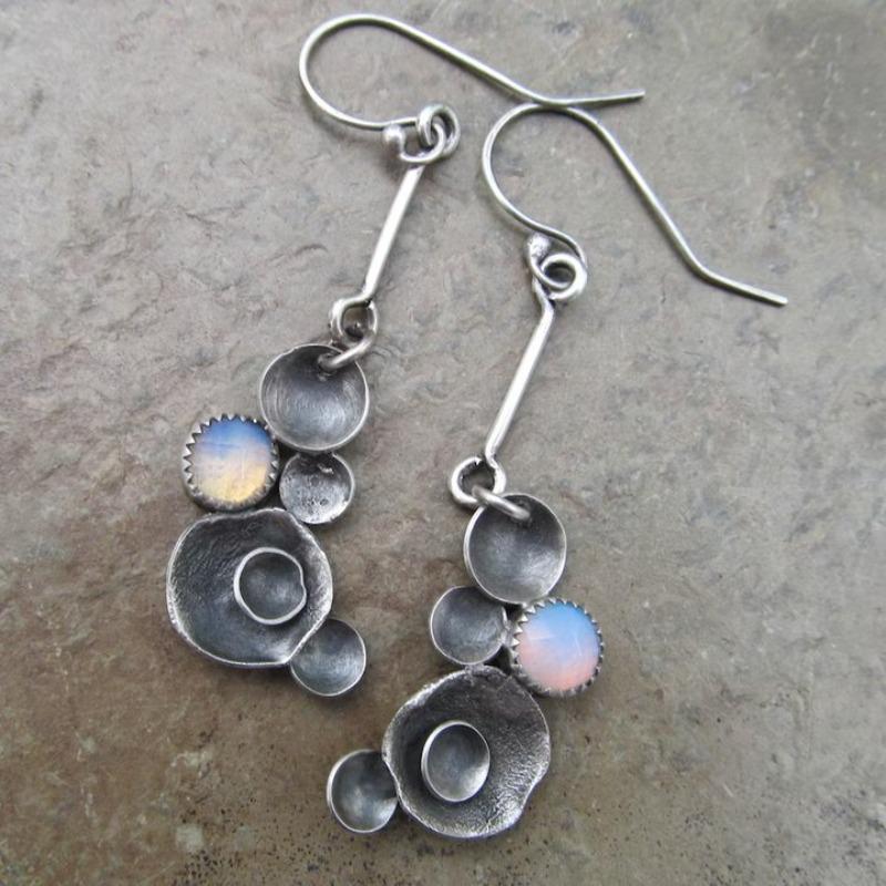 Vintage Silver Color Boho Round White Stone Carving Dangle Earrings for Women Jewelry