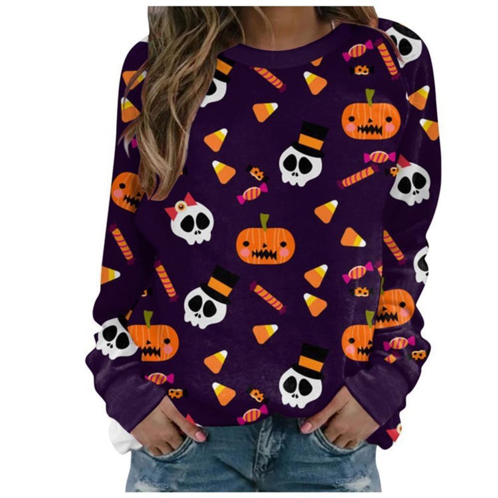 Women's Fashion Hoody Halloween Pumpkin Lamp Print Ghost Bat Sweatshirts Long Sleeved O Neck Hoodies Female Tops