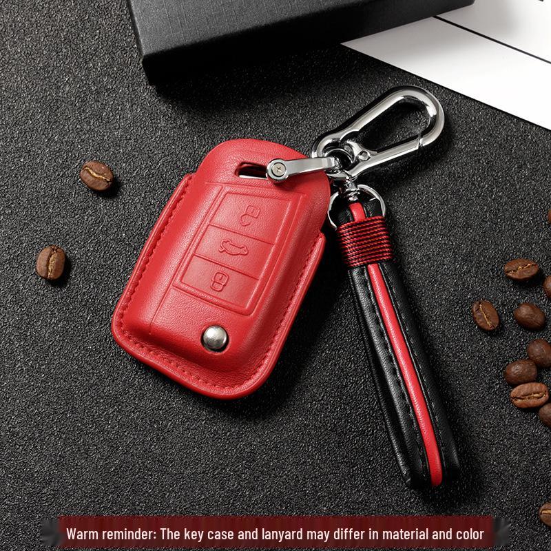 Genuine Leather Key Case for Volkswagen Sagitar, Lavida, Tiguan L, Lamando, Bora - 3D Full Wrap & One-Button Start.